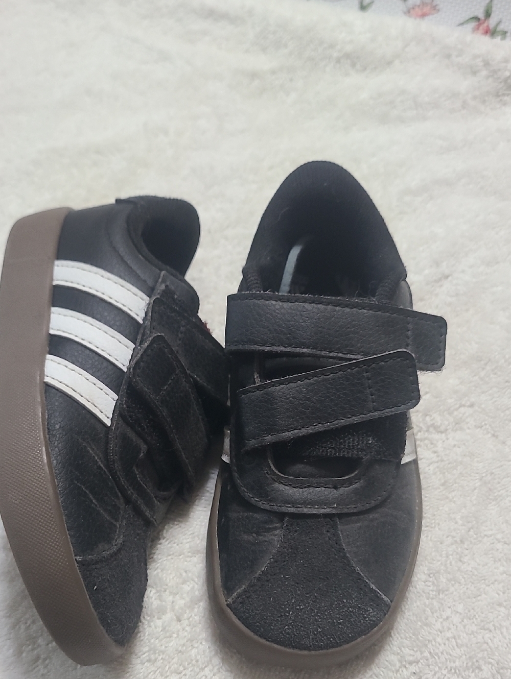 adidas Kids Black Sneakers with White Stripes and Brown Sole